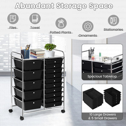 Costway 15 Drawer Rolling Storage Cart Tools Scrapbook Paper Office School Organizer White