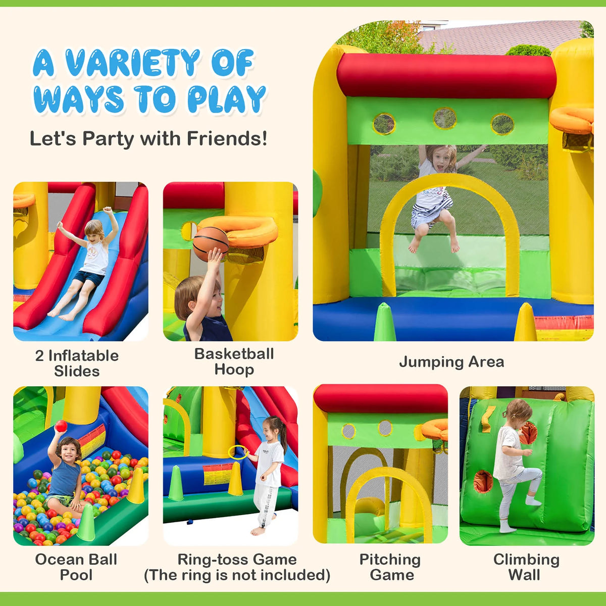 Costway Colorful Rainbow Kids Inflatable Bounce Castle with 50 Ocean Balls & 735W Blower