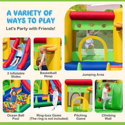 Costway Colorful Rainbow Kids Inflatable Bounce Castle with 50 Ocean Balls & 735W Blower