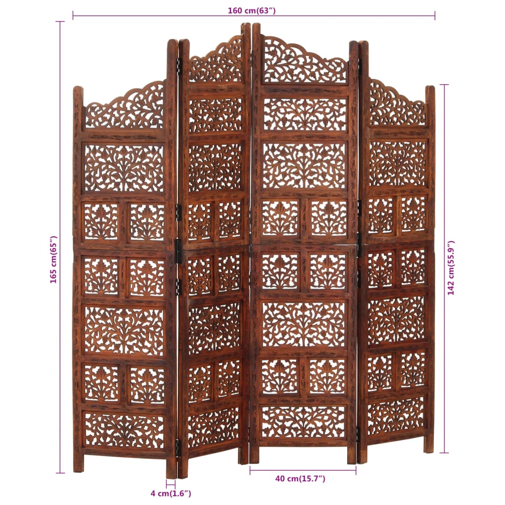 vidaXL Room Divider 4 Panel Folding Privacy Screen for Office Solid Wood Mango