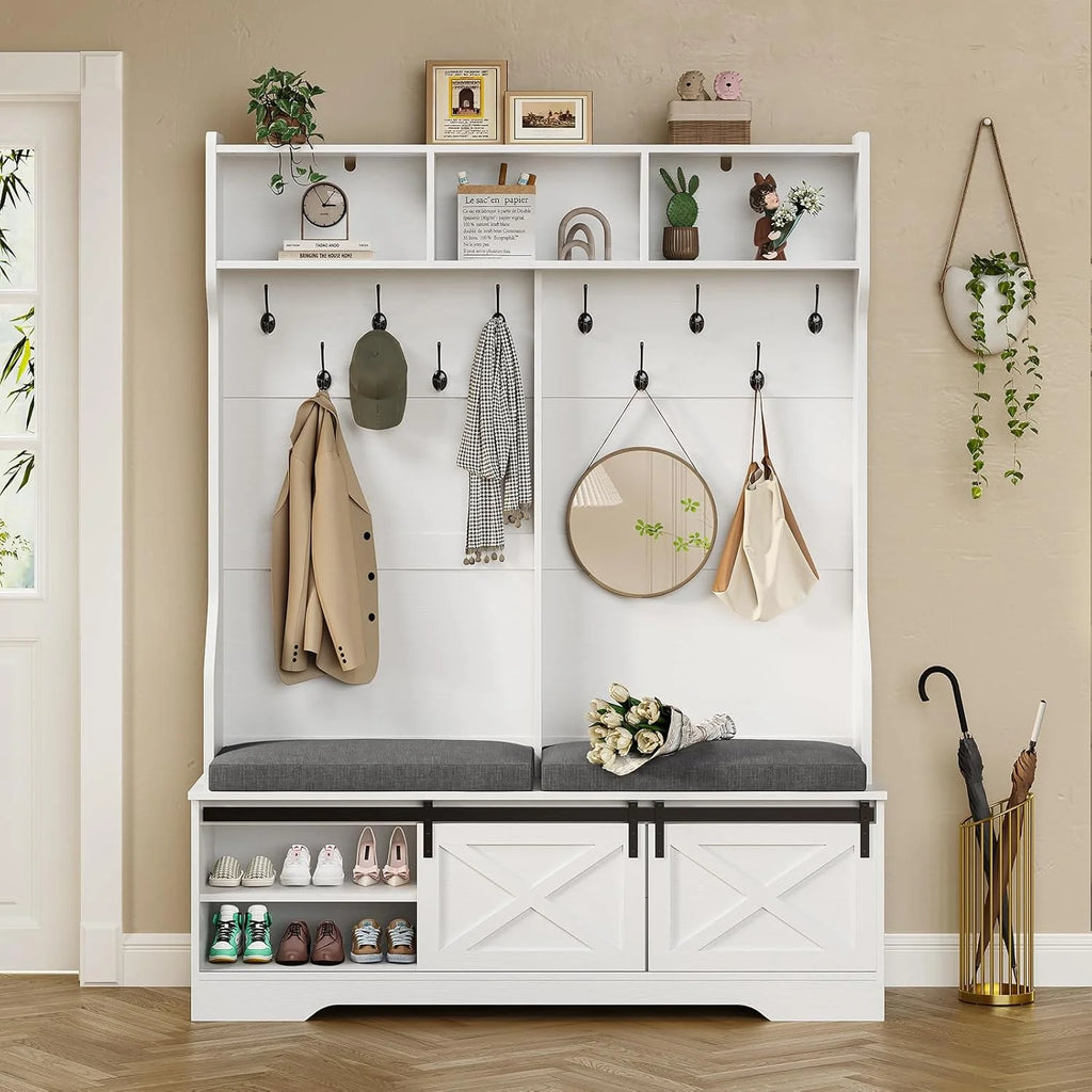 Hall Tree with Bench and Shoe Storage, Entryway Bench with Coat Rack, Modern Farm House Barn Door 3-in-1 Hall Tree with Storage Cushioned Bench Stool and Hooks for Hallway, Living Room (60IN)