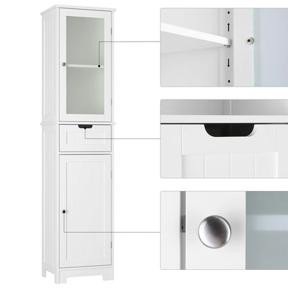 Homfa Bathroom Storage Tower, Narrow Linen Cabinet with Door and Drawers, Tall Bathroom Storage Cabinet for Small Spaces, White