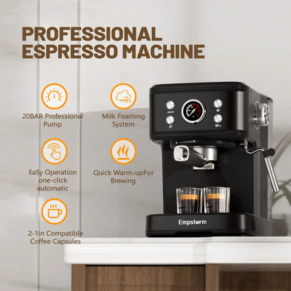 Empstorm 20 Bar Espresso Machine with Milk Frother Steam Wand, 3-in-1 Coffee Maker, Compatible with NS Pods, Stainless Steel, for Latte & Cappuccino, Beige