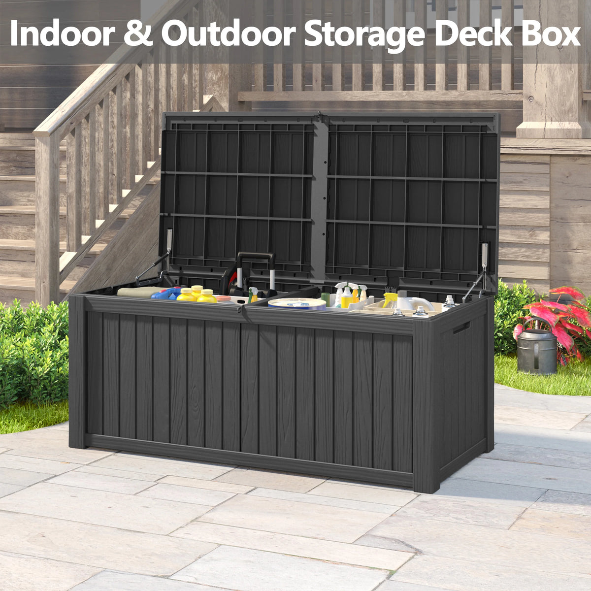 LHBcraft 150 Gallon Deck Box, Outdoor Storage Box, Large Waterproof Resin Indoor Storage Box with Built-in Steel Beams for Patio, Cushions, Pool Supplies