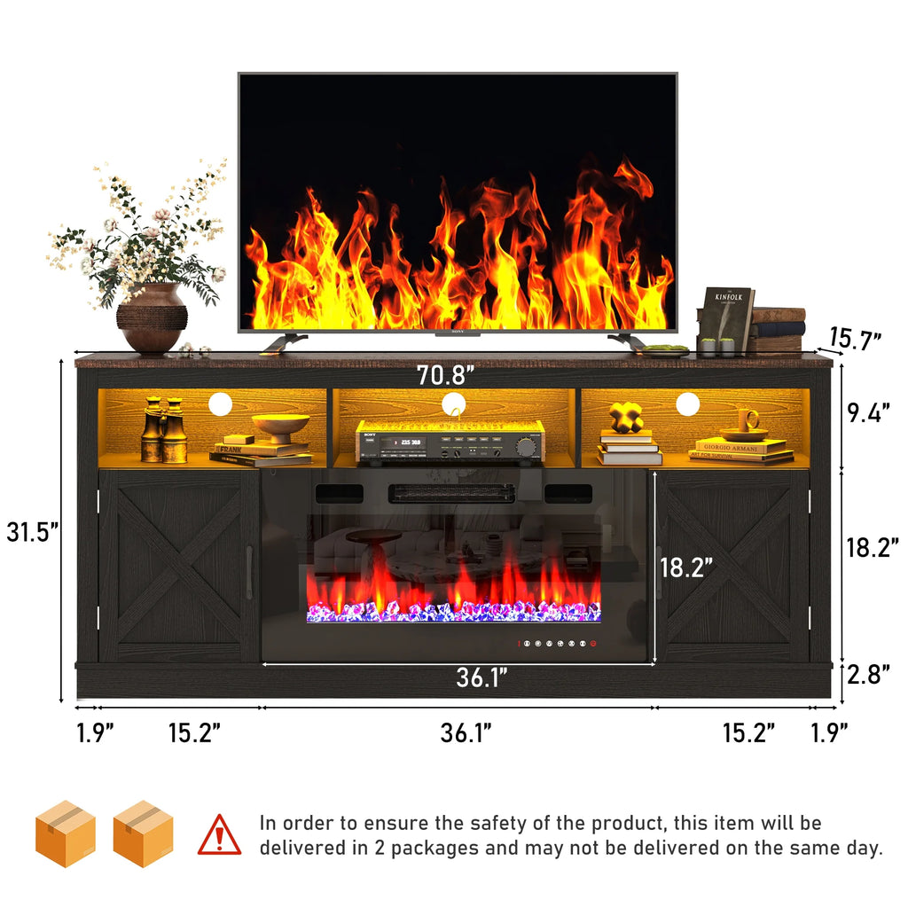 ChVans 70" Fireplace TV Stand for TVs up to 80" with 36" Electric Fireplace, Farmhouse Entertainment Center with LED, Wooden Media Console for Living Room, Bedroom