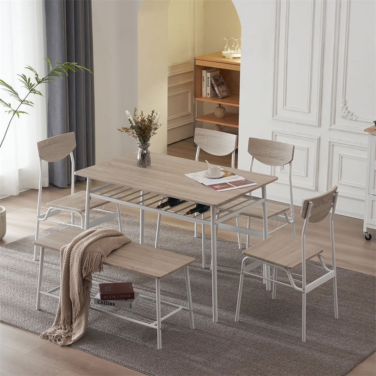 6-Piece Dining Table and Chair Set, Includes 1 Table, 1 Bench and 4 Chairs, Rectangular Kitchen Table and Armless Chairs, Compact Chairs with Curved Backrest for Dining Room