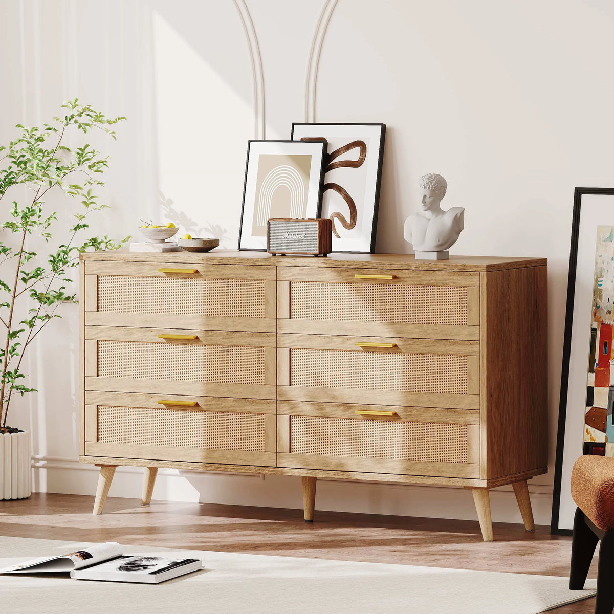 Rovaurx 6 Drawer Double Dresser Chest, Bedroom Chest of Dressers, Rattan Beside Table, Natural