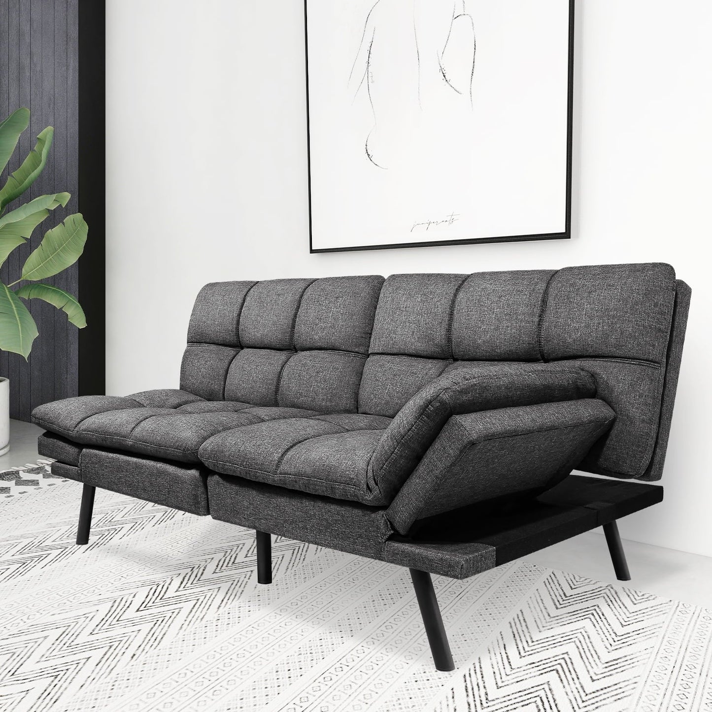 Convertible Memory Foam Futon Sofa Bed with Adjustable Armrests and Backrest,Gray