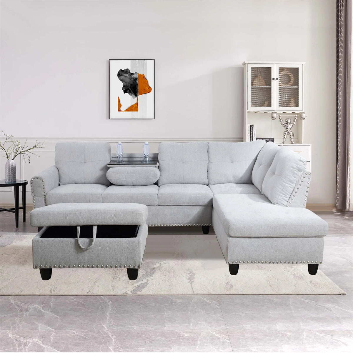 Aukfa 3 Piece Sectional Sofa, Living Room Couch with Storage Ottoman&Cup Holder, Linen, Right Hand, Purple