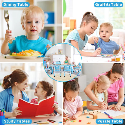 Arlopu Adjustable Kids Table and 6 Chairs Set, Toddler Play Activity Table Set with Graffiti Tabletop, Preschool Kids Furniture Table Set for Reading, Drawing, Eating
