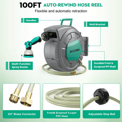 AUOSHI Retractable Garden Hose Reel 1/2" 100ft Automatic Hose Reel with 10 Function Sprayer Nozzle Wall Mount 180 Deg Swivel Bracket Hose Reel with Any Length Lock Slow Return System