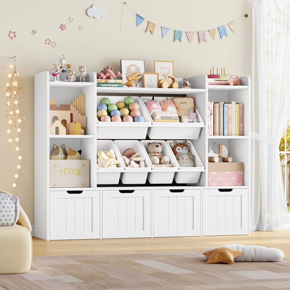 Hiphuta 3 Tier Kids Bookcase with Toy Storage Organizer, Wood Toy Organizer of 6 Boxes & 4 Removable Drawers, White