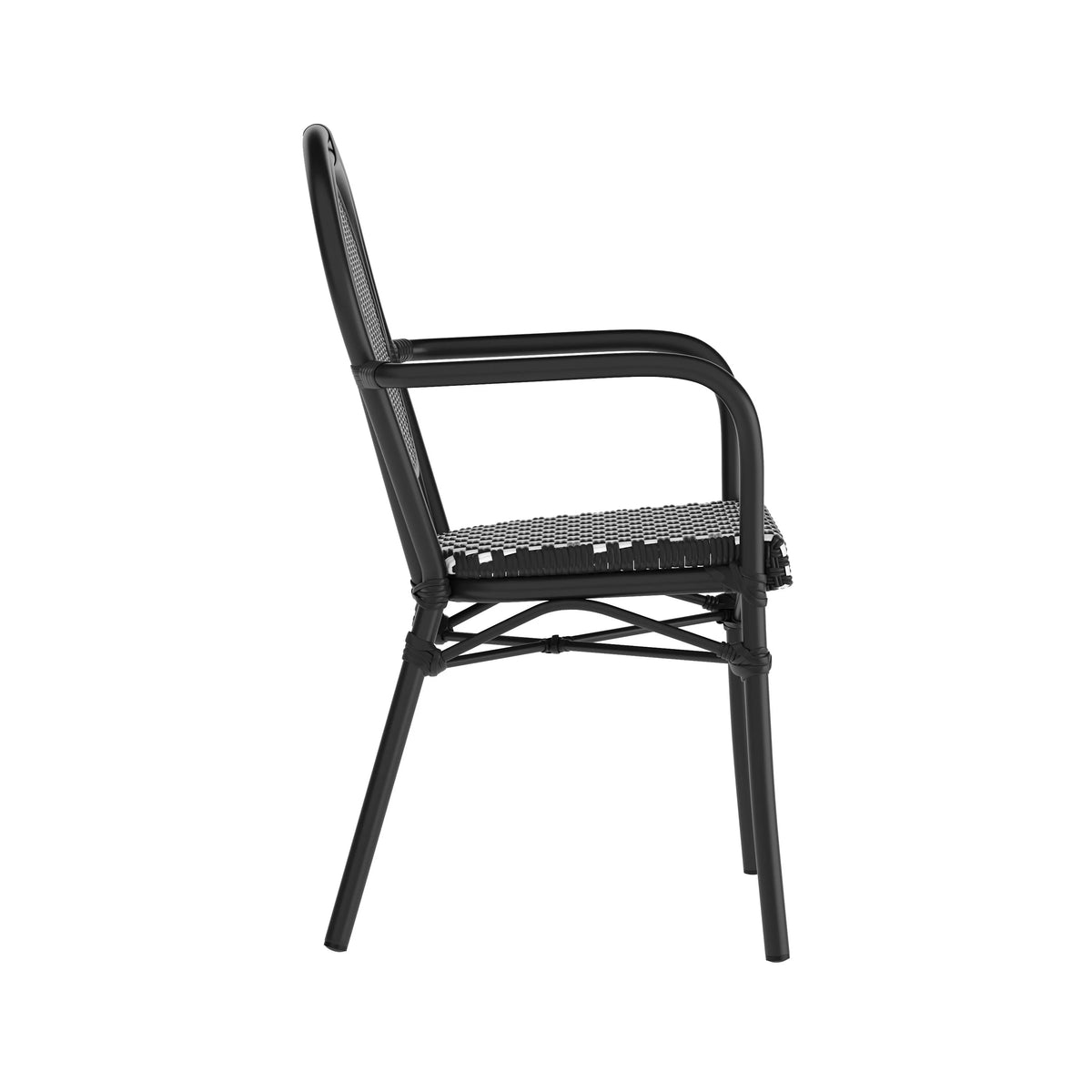 Merrick Lane Stacking Thonet French Bistro Style Chair with Arms, Black & White PE Rattan Seat, and Bamboo Finished Metal Frame for Indoor/Outdoor Use