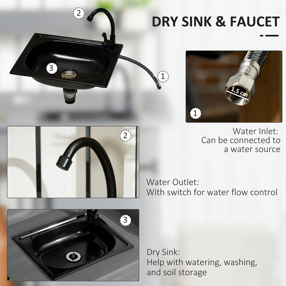 Outsunny Potting Bench Prep Table with Faucet, Sink, and Storage, Gray