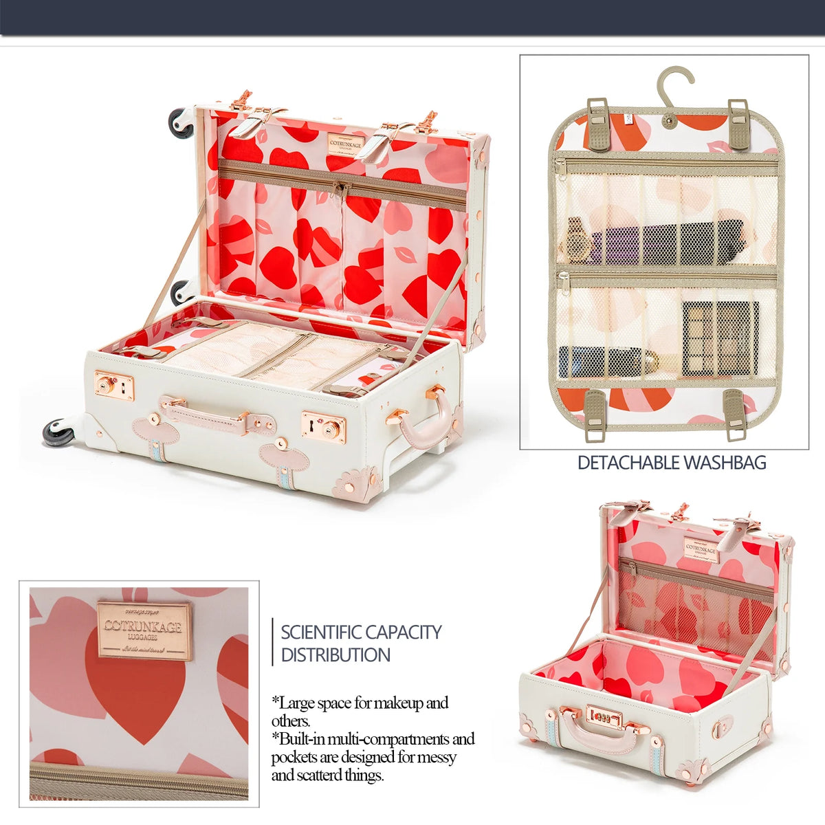 COTRUNKAGE Vintage Trunk Luggage Set TSA Lock Carry On Suitcase for Women (13" & 20", Pink Floral)
