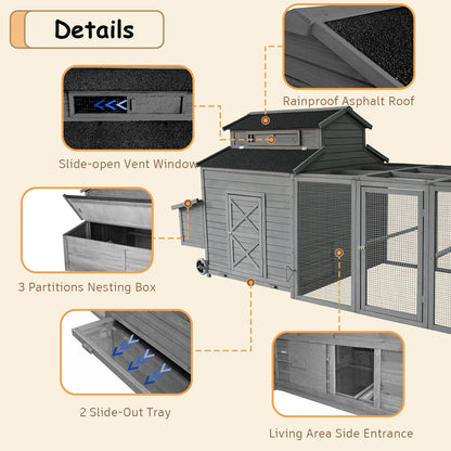 Chicken Coop for 6-10 Chickens, 112" Extal Large Chicken Coops, with Chicken Run & Nesting Box & Secure Enclosure, Outdoor Wooden Hen House Hutch for Rabbit, Poultry Pet, Duck