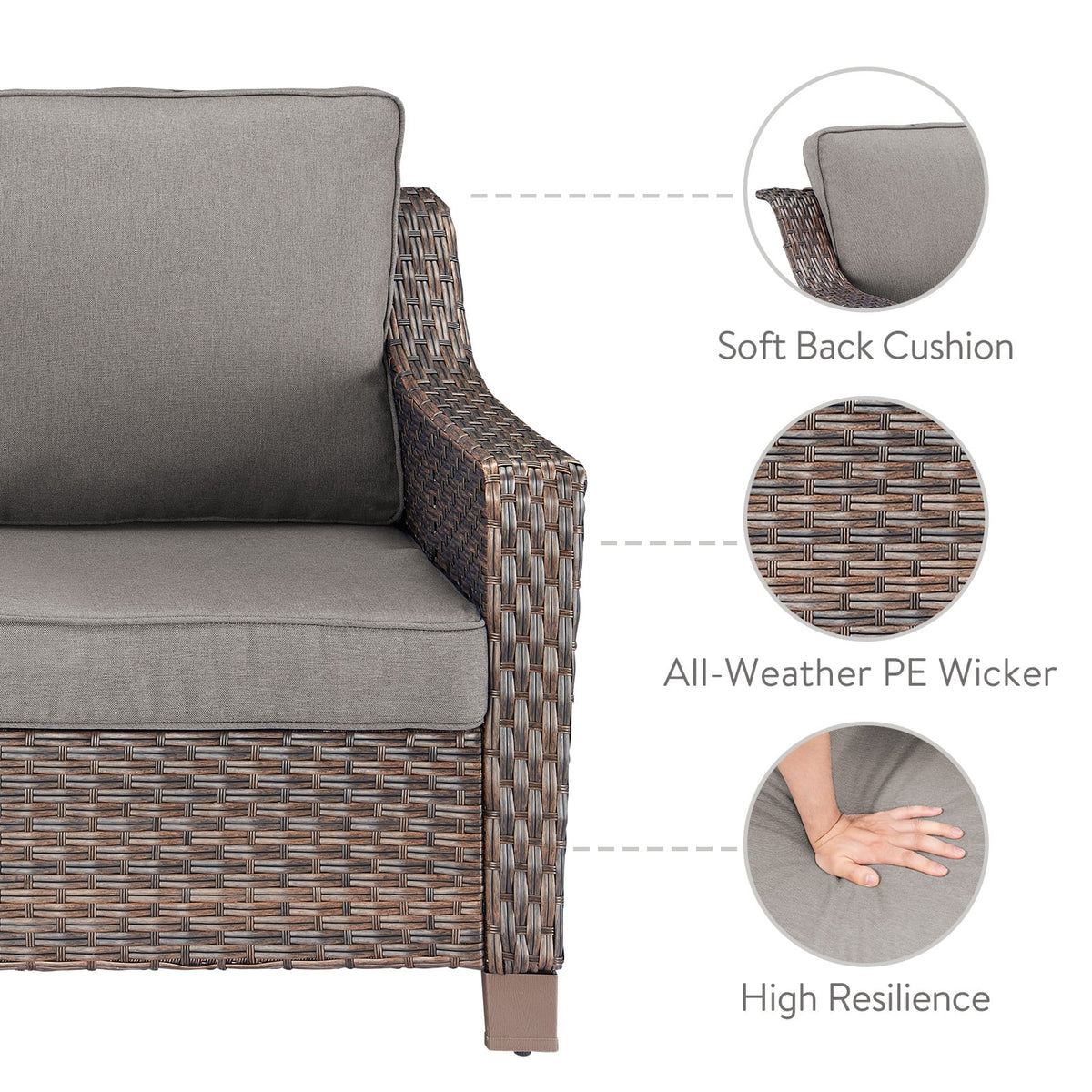 POCASSY Wicker Outdoor Couch, Brown Wicker Sofa Outdoor Furniture with All Weather Rattan and Olefin Cushion for Balcony, Backyard, Porch, Brown/Gray