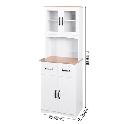 Clearance! Wooden Kitchen Cabinet White Pantry Room Storage Microwave Cabinet with Framed Glass Doors and Drawer