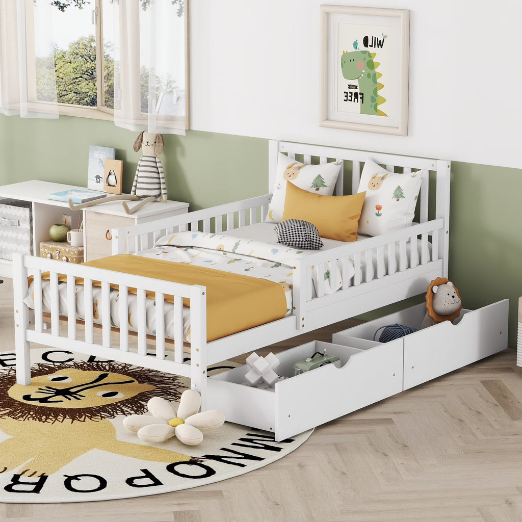 Bellemave Twin Bed with Storage Drawers and Fence Rails, Wood Platform Beds Frame with Headboard, Twin Size Storage Bed for Kids Boys Girls Teens��White)