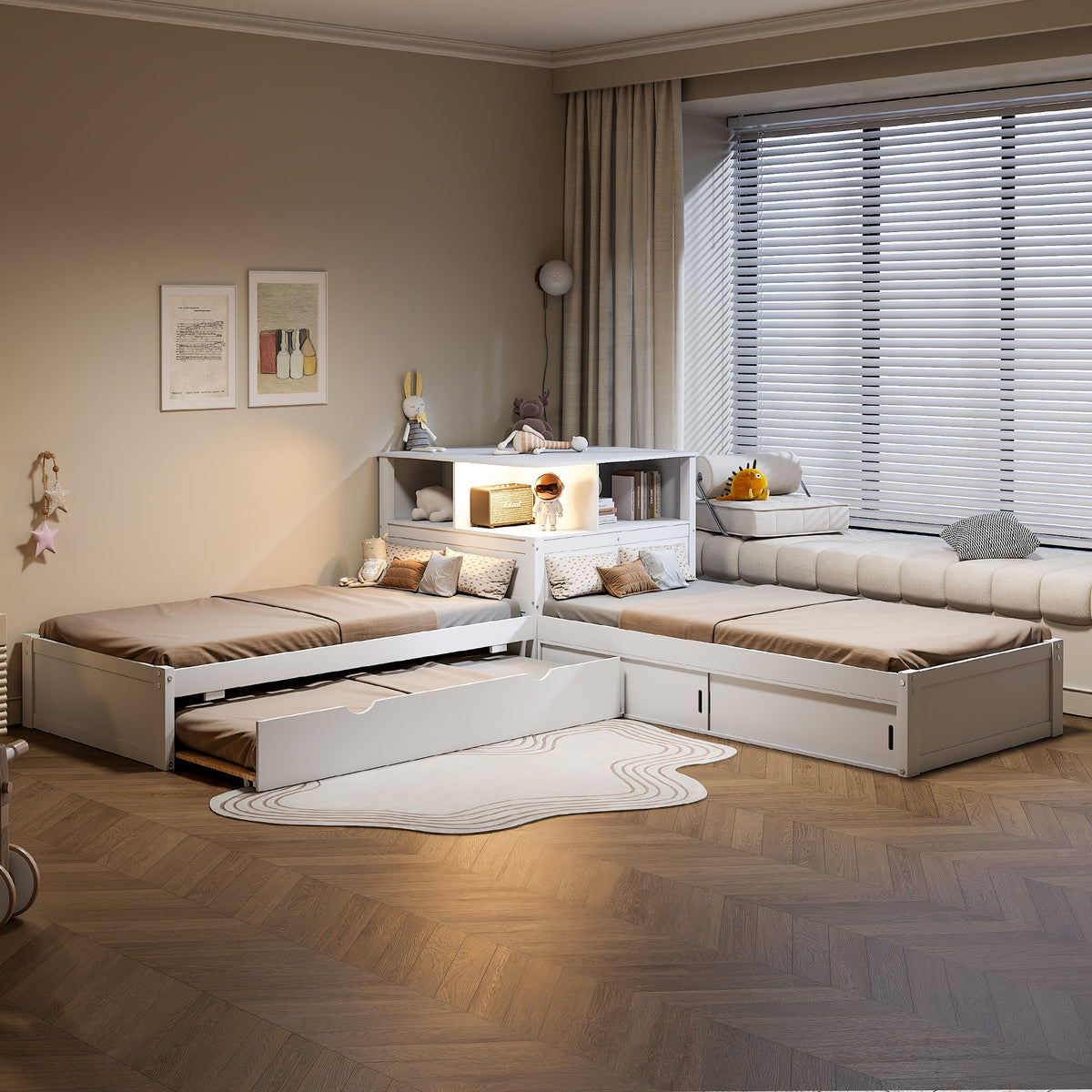 Euroco Pine Wood L-Shaped Twin Platform Bed with Storage Desk, Cabinets, Trundle and LED Light for Kids Teens, Gray