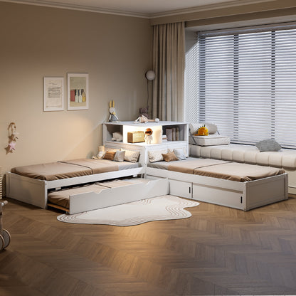 Euroco Pine Wood L-Shaped Twin Platform Bed with Storage Desk, Cabinets, Trundle and LED Light for Kids Teens, Gray