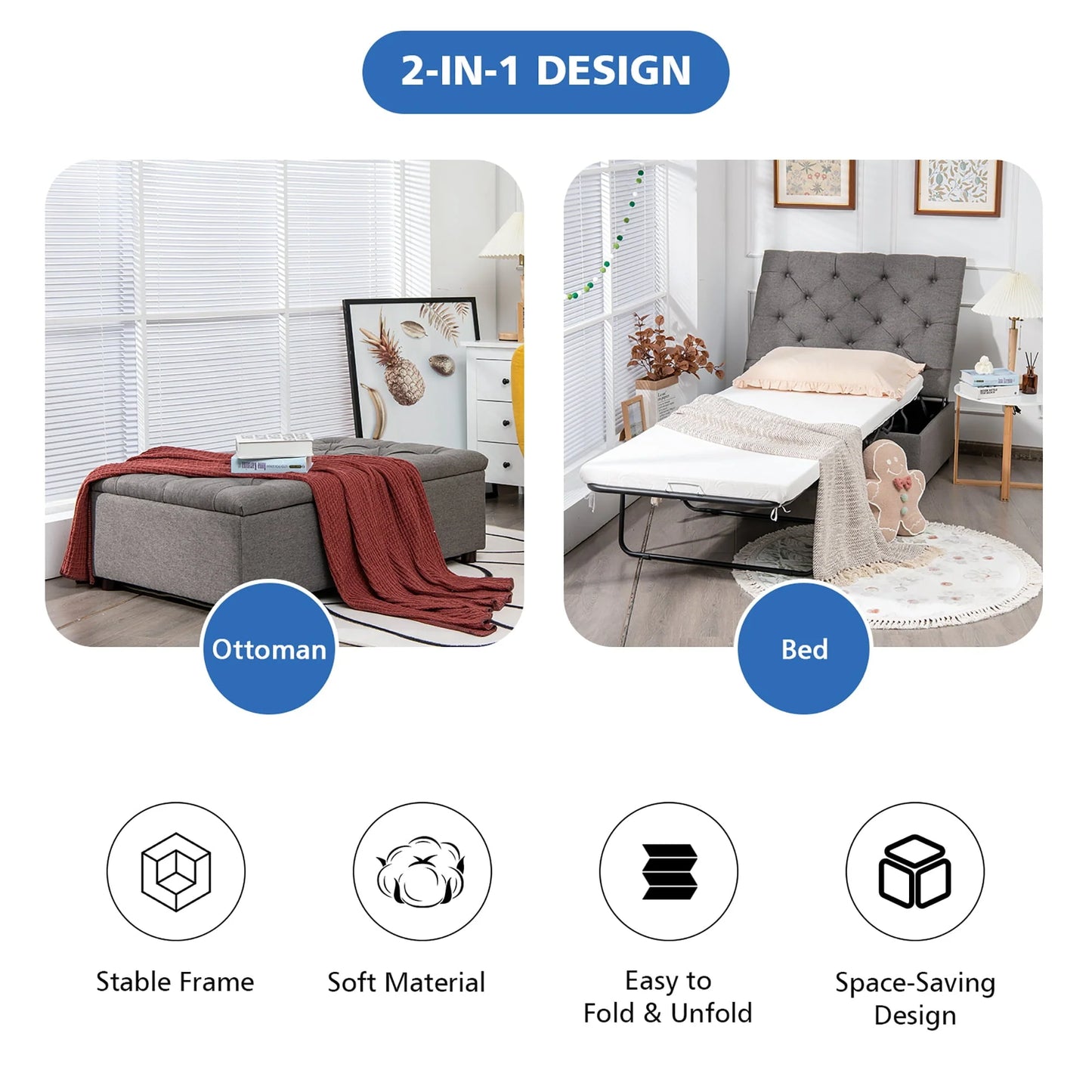 Costway Folding Ottoman Sleeper Bed with Mattress Convertible Guest Bed Grey