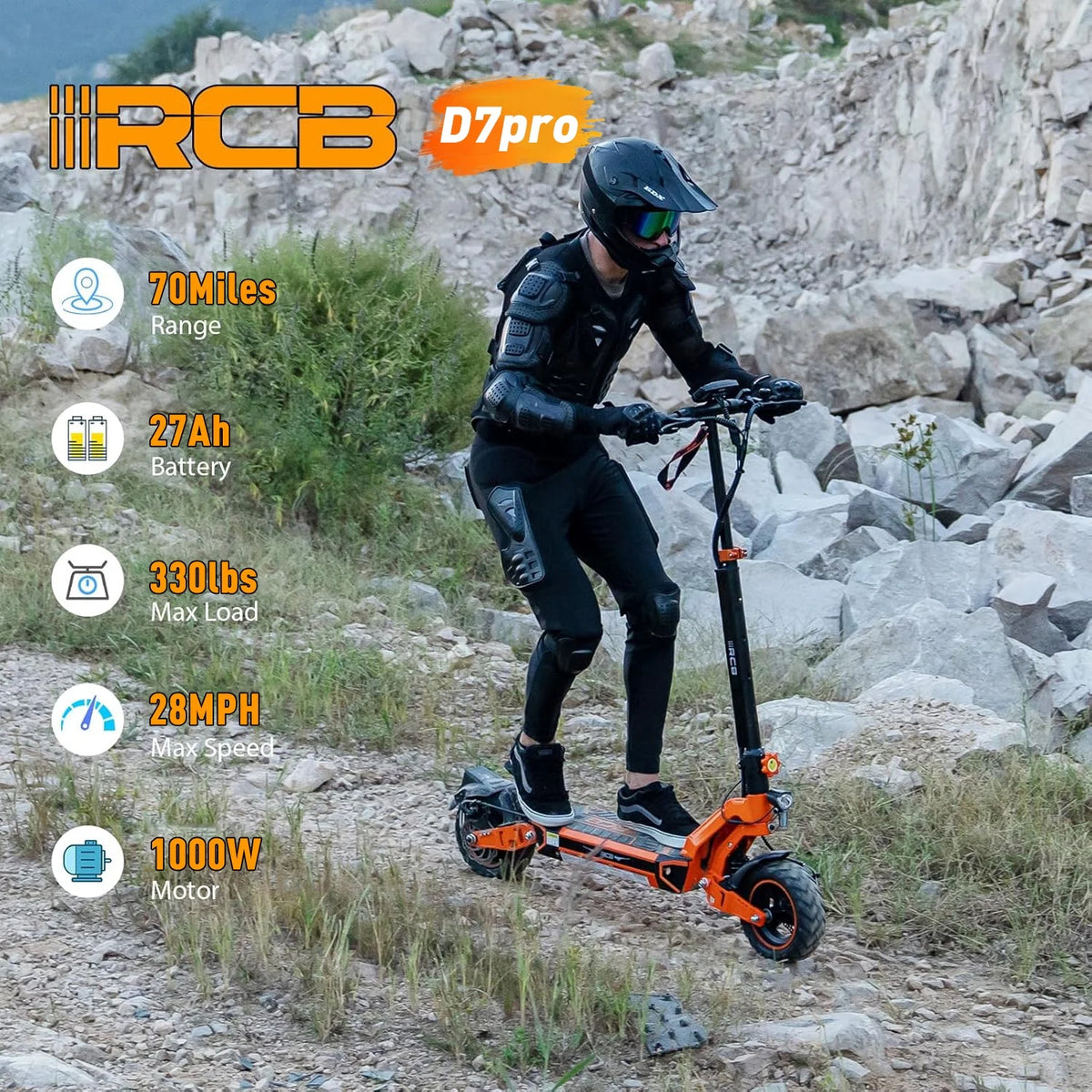 Electric Scooter for Adults, Max 70miles Range, 1000W Motor, 48V 27Ah Battery, 10" Anti-Flat Tires, Dual Shocks, APP Control&NFC - RCB D7PRO