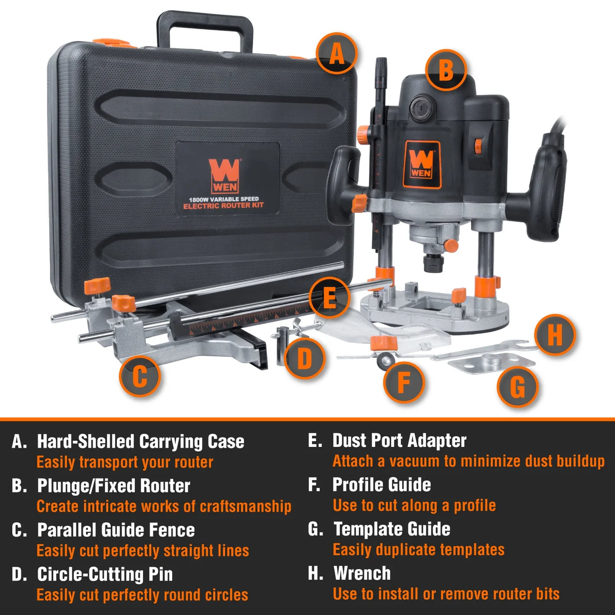 WEN Products 15-Amp Variable Speed Plunge Woodworking Router with Case, RT6033