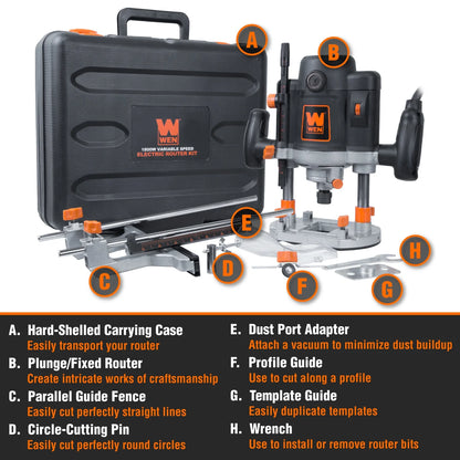 WEN Products 15-Amp Variable Speed Plunge Woodworking Router with Case, RT6033
