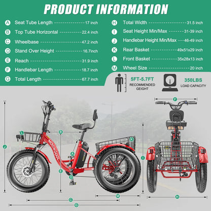 20" x 4" Fat Tire Electric Tricycle for Adult, 7 Speeds Electric Trike 48V 500W Motorized Tricycle , Electric Three Wheels Bicycle for Senior, Aluminum Frame & Rear Basket ,16mph