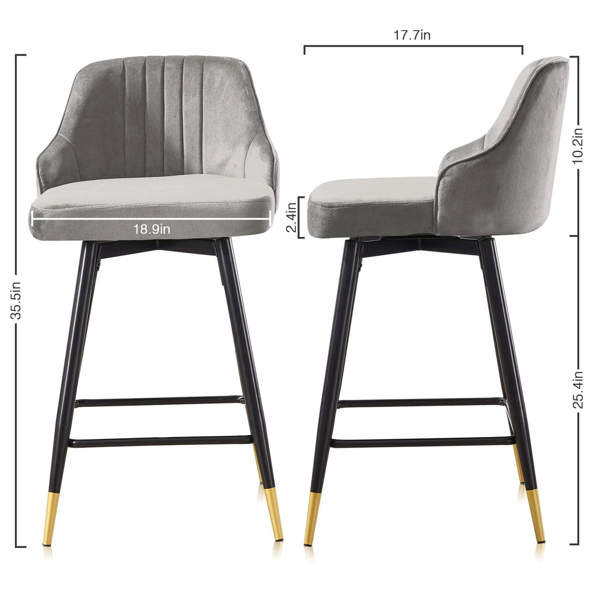 Omni House 25" Swivel Counter Height Bar Stools Set of 4, Velvet Upholstered Bar Stool with Low Back and Footrest,Stools for Pub Island Home Kitchen,Gray