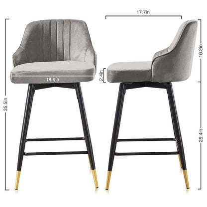 Omni House 25" Swivel Counter Height Bar Stools Set of 4, Velvet Upholstered Bar Stool with Low Back and Footrest,Stools for Pub Island Home Kitchen,Gray