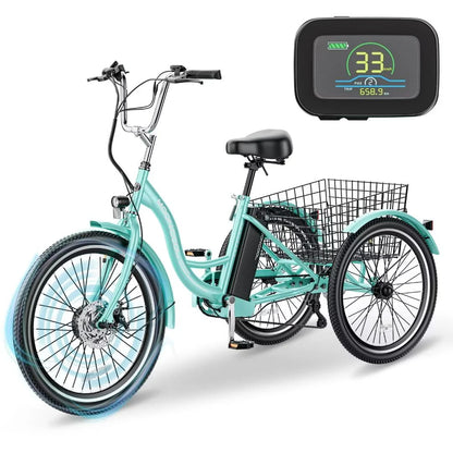 Docred 24" Electric Tricycle for Adults & Seniors,7 Speed 3 Wheel E-Bike with Large Basket/Low-Step Through Frame ,350W Motor 36V/10.4AH lithium bettery, 15.5MPH