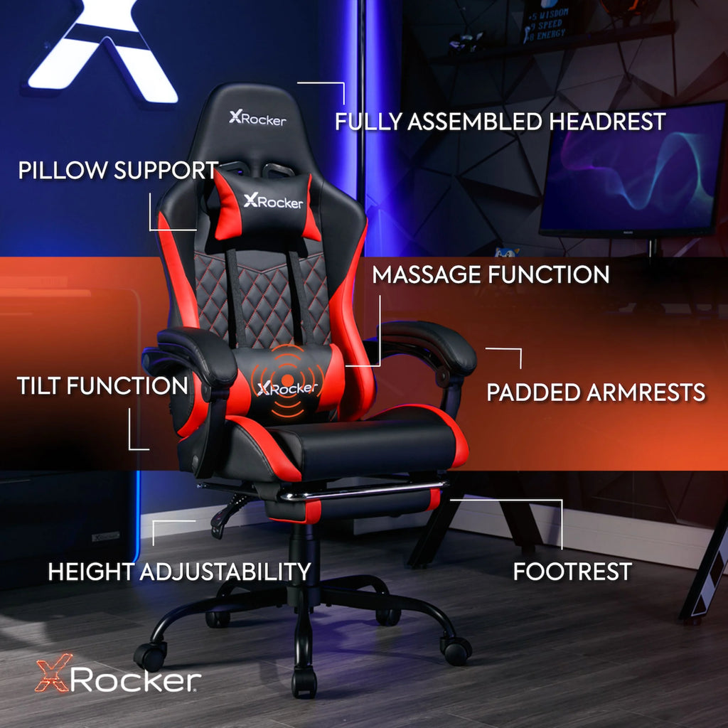 X Rocker Apex PC Gaming Chair with Massage Function and Footrest, Red