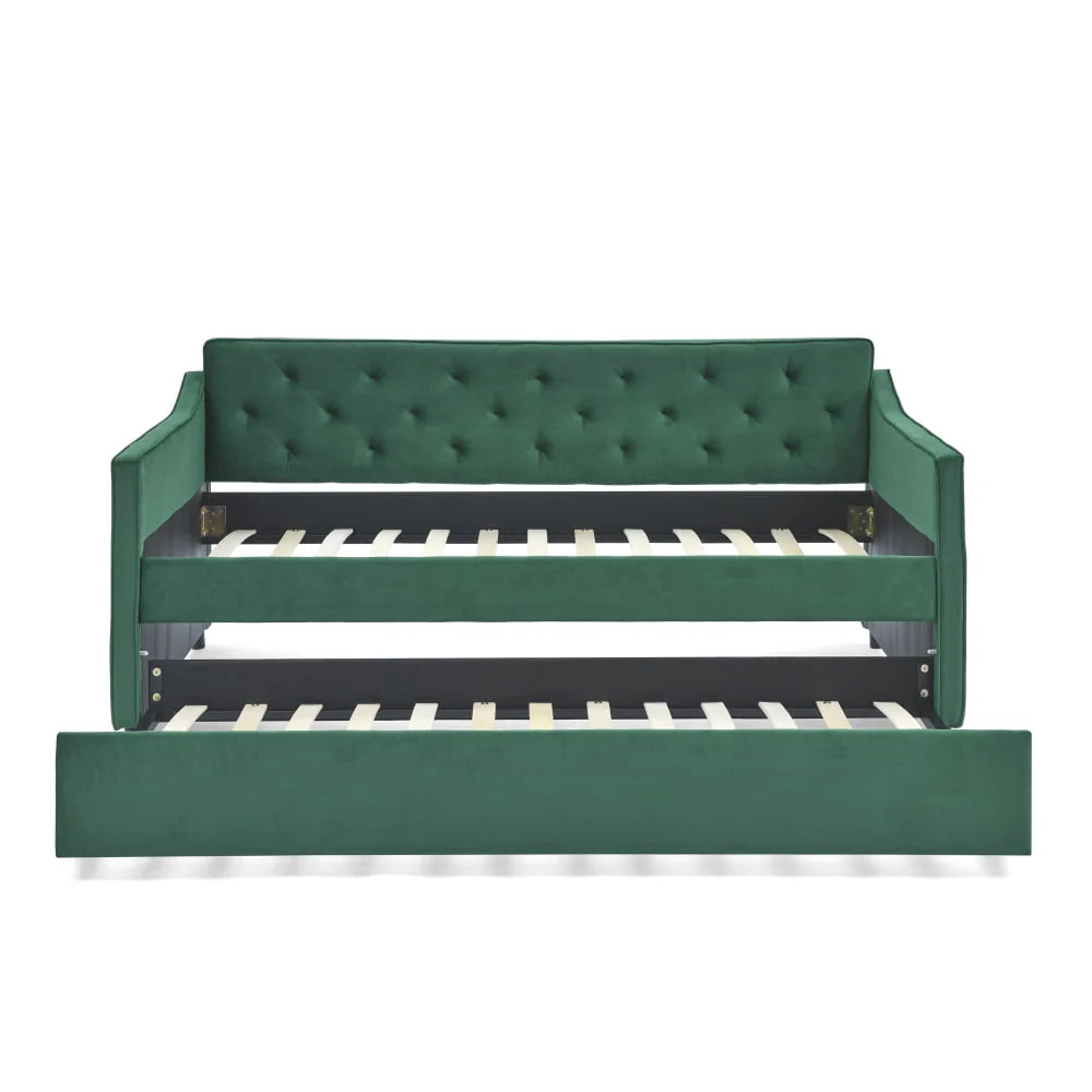 Twin Size Daybed with Trundle, Modern Button Tufted Linen Upholstered Sofa Day Bed Frame with A Roll-Out Trundle, Bedframe Furniture for Bedroom Living Room Guest Room,Green