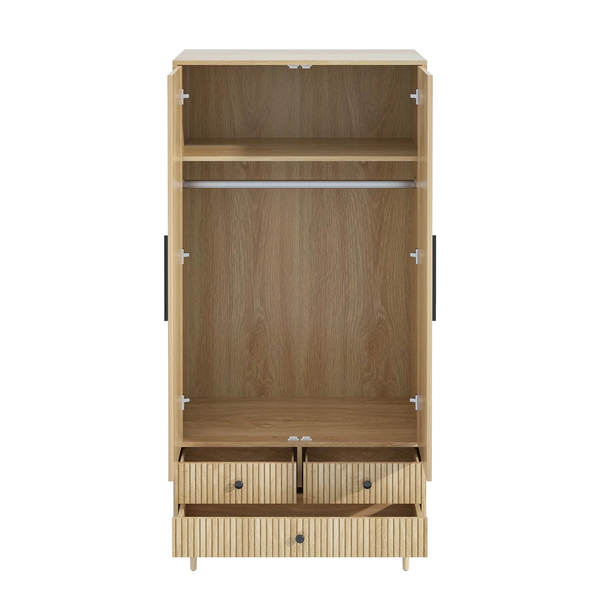 Oubayajia Wardrobe Armoire Closet, 2 Fluted Doors Wardrobe Cabinet with 3-Drawer and Hanging Rod, Wood Wardrobe Storage for Bedroom