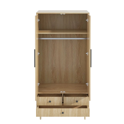 Oubayajia Wardrobe Armoire Closet, 2 Fluted Doors Wardrobe Cabinet with 3-Drawer and Hanging Rod, Wood Wardrobe Storage for Bedroom