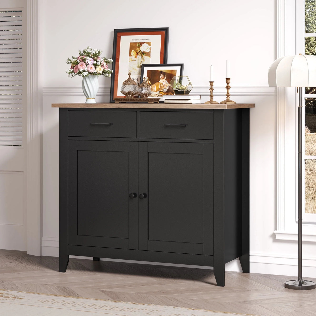 Homfa Entryway Cabinet, Kitchen Storage Cabinet, Farmhouse Buffet Sideboard with 2 Drawers and 2 Doors,Coffee Bar with Storage for Dining Room Living Room,White