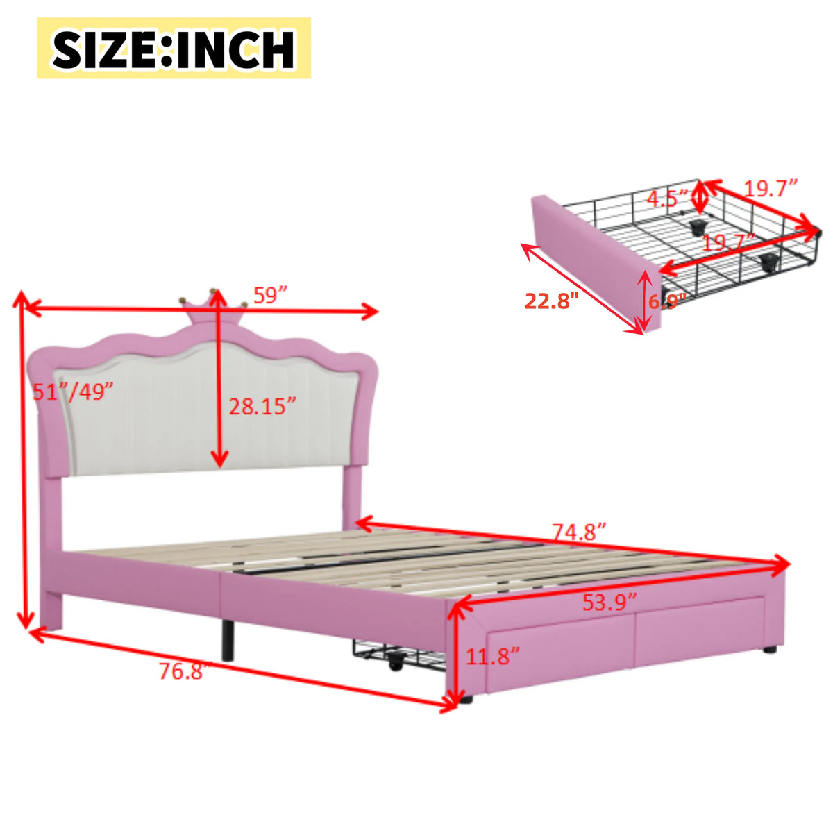 Miniyam Upholstered Twin Size Bed with LED Lights, Crown Headboard for Kids, Pink
