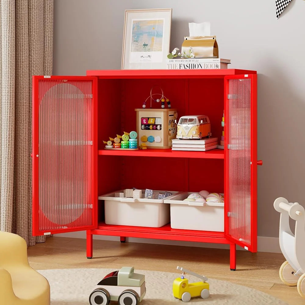 Small 2 Transparent Door Metal Storage Side Buffet Cabinet for Bed Room,Living Room,Entryway,Hallway,Home,Hotel,Office,Garage,Kitchen,1 Removable Shelf.