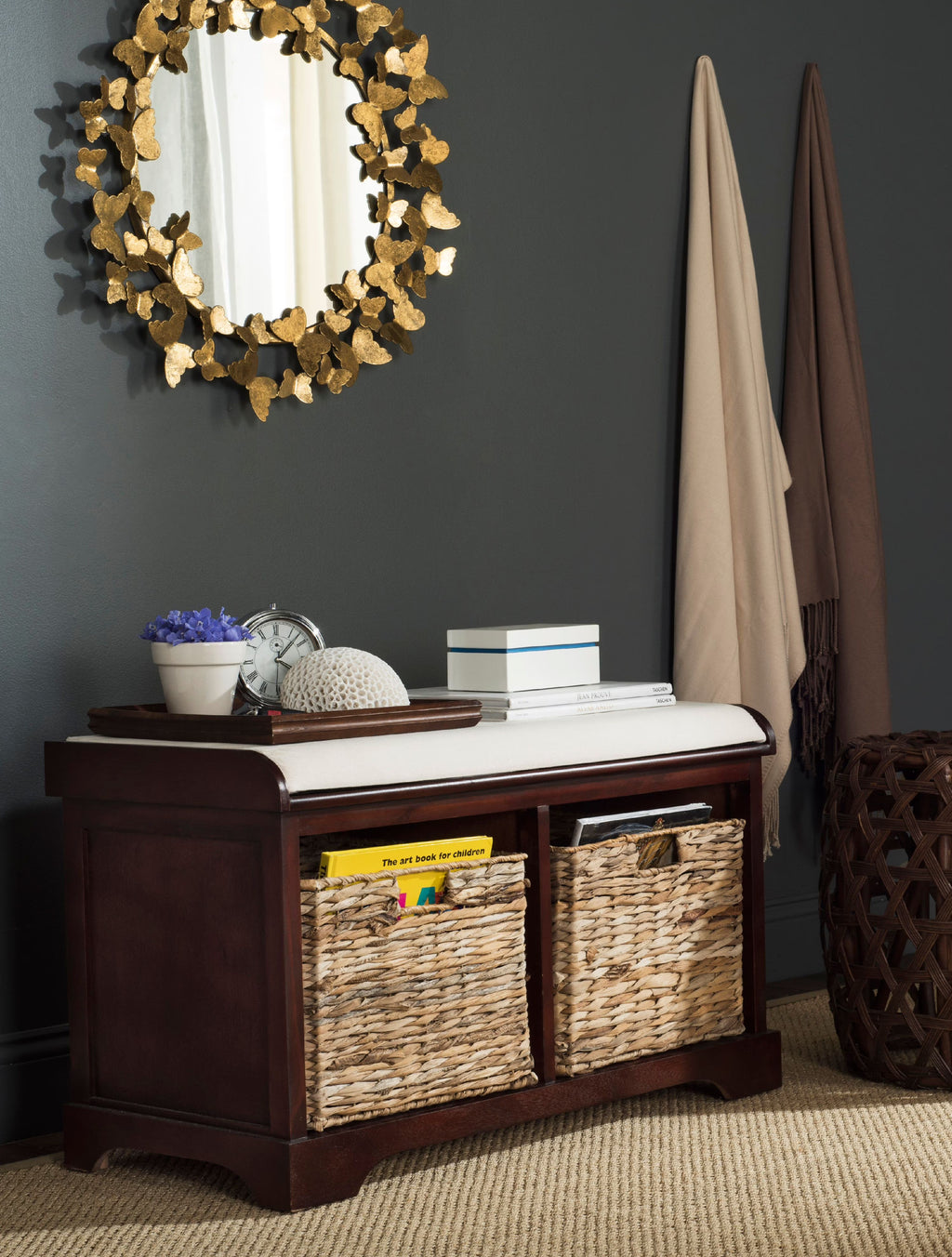 SAFAVIEH Freddy Contemporary Wicker Storage Bench with Cushion, Vintage Grey