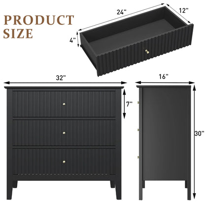 May Color Large White 3 Drawer Dresser Set of 2 with Fluted Panel, Modern Chest of Drawers with Silent Slide Drawers, Wood Accent Nightstand with Storage for Bedroom Living Room, Hallway