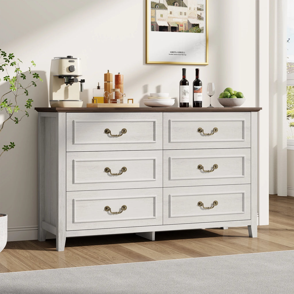 LainTene Dresser for Bedroom, Farmhouse White Dresser with Antique Handles, Vintage 6 Drawers Dresser, Chest of Drawers Storage Cabinet for Living Room, Entryway