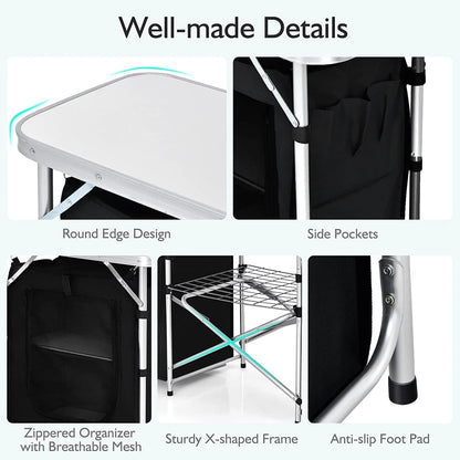 Camping Kitchen Table with Storage, Aluminum Portable Outdoor Cooking Table with Windscreen, Foldable Camp Table Cook Station for BBQ, Grill, Party, Picnics