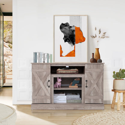 TV Stand for 65 Inch TV, Entertainment Center with Two Glass Barn Doors and Storage Cabinet Table, Farmhouse Style Media Console Table for Living Room(Coffee)
