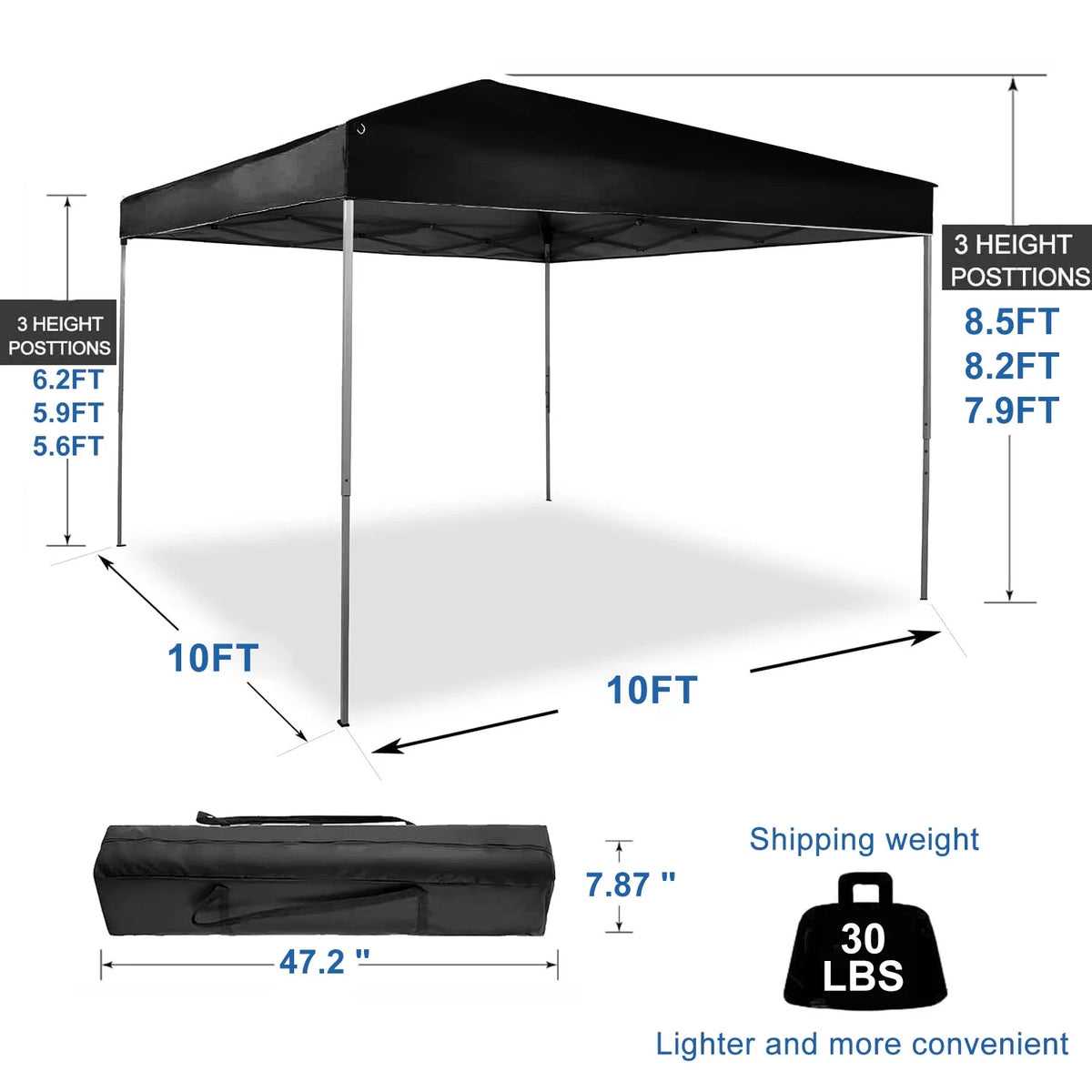 GVDV Canopy Tent, 10x10 ft Easy Pop up Outdoor Canopy Tent, Portable Straight Leg Gazebo Instant Canopy, Blue
