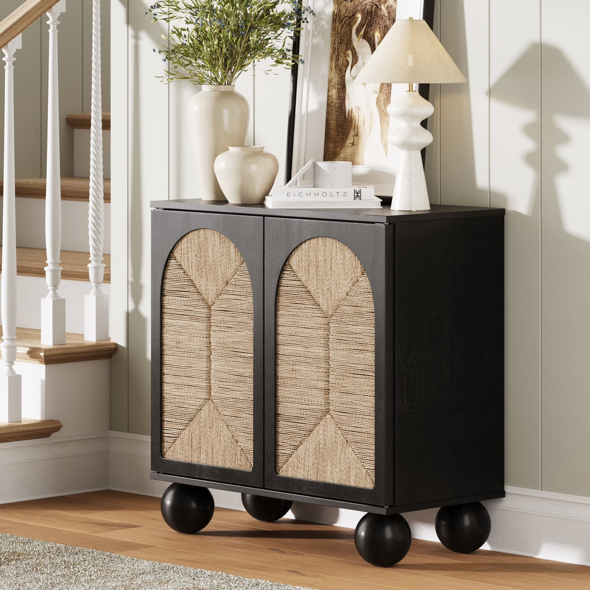 Nathan James Leah Boho Entryway Storage Cabinet or Sideboard Cabinet for Kitchen or Living Room with Ball-Style Feet, Natural Seagrass Door Fronts and Solid Wood Legs, Raw Oak