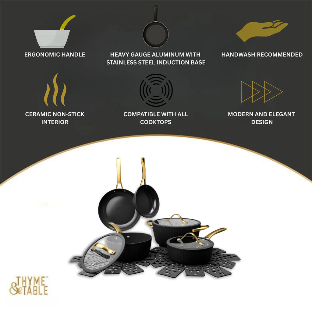 Thyme & Table 12-Piece Nonstick Signature Ribbed Cookware Set, Pots and Pans Set - Black & Gold
