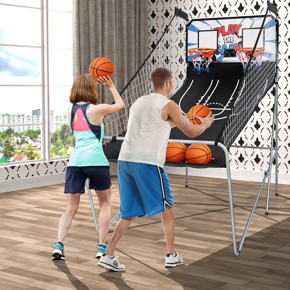 Costway Dual LED Electronic Shot Basketball Arcade Game with 8 Game Modes 4 Balls Foldable Grey