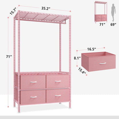 71" H Clothes Rack with Fabric Drawers, Freestanding Garment Rack with Metal Wire Shelf, Pink